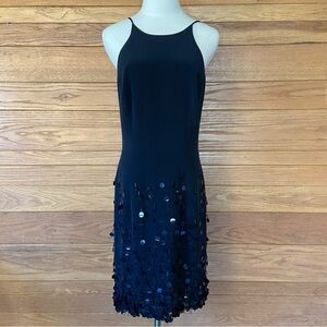 Vintage Cache 90s Y2K black sequinned fringe flapper high neck mini dress